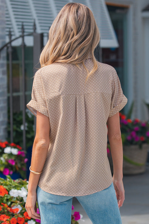 Modern Polka Dot Print Cuffed Short Sleeve Shirt