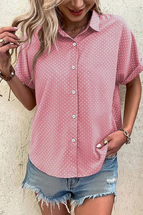 Modern Polka Dot Print Cuffed Short Sleeve Shirt