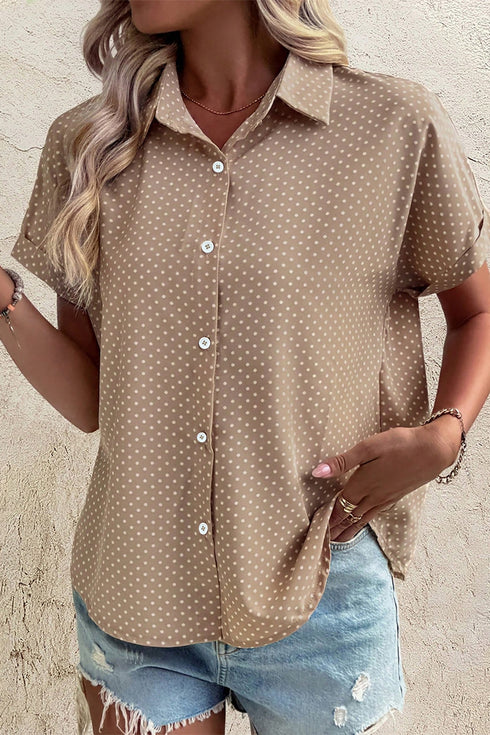 Modern Polka Dot Print Cuffed Short Sleeve Shirt