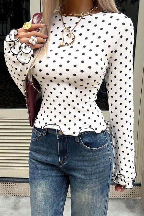 Modern Polka Dot Print Lettuce Trim Long Sleeve Top
