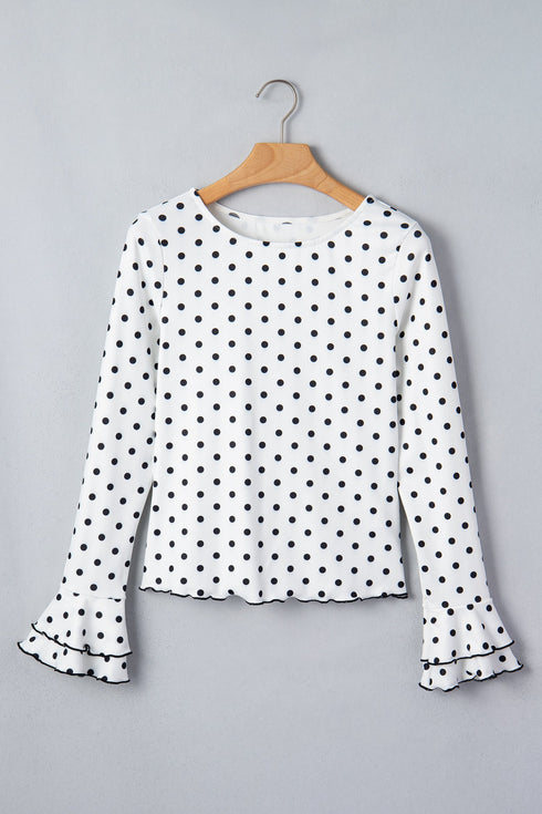 Modern Polka Dot Print Lettuce Trim Long Sleeve Top