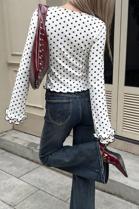 Modern Polka Dot Print Lettuce Trim Long Sleeve Top