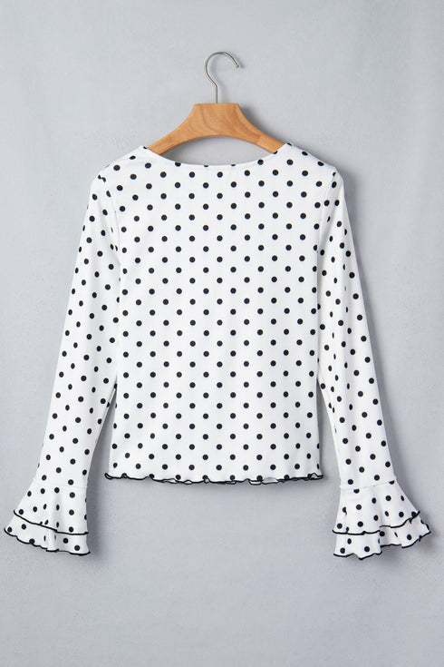 Modern Polka Dot Print Lettuce Trim Long Sleeve Top