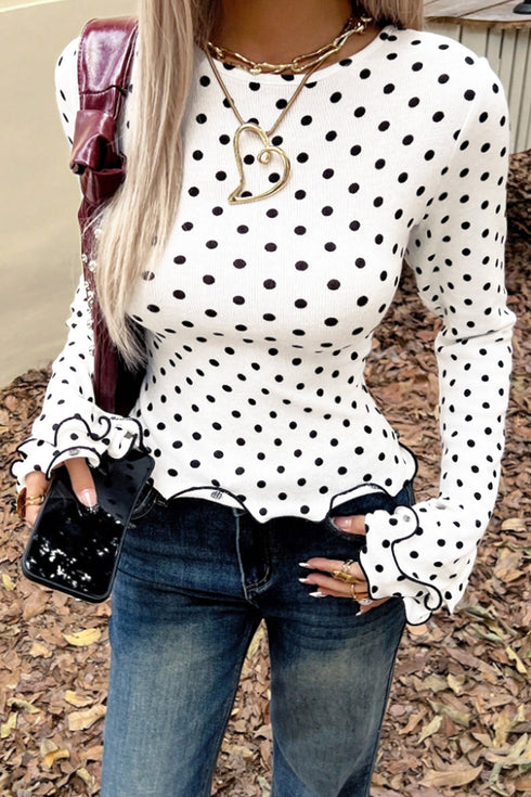 Modern Polka Dot Print Lettuce Trim Long Sleeve Top