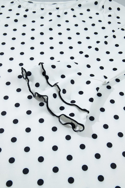 Modern Polka Dot Print Lettuce Trim Long Sleeve Top