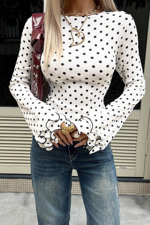 Modern Polka Dot Print Lettuce Trim Long Sleeve Top