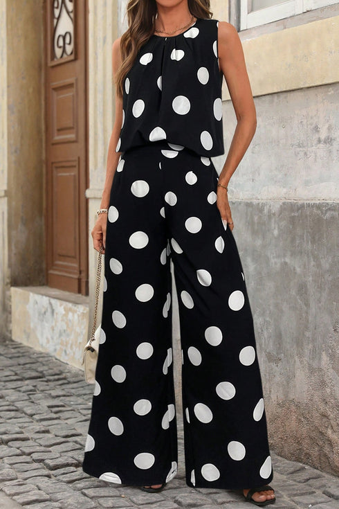 Modern Polka Dot Print Pleated Wide Leg Pant Set