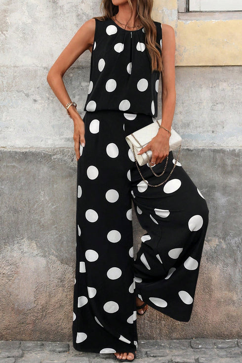 Modern Polka Dot Print Pleated Wide Leg Pant Set