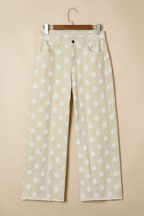 Modern Polka Dot Print Raw Hem Denim Jeans