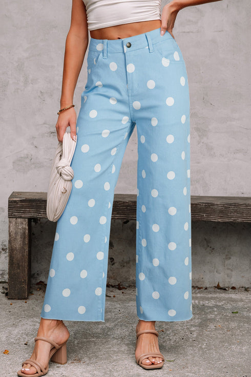 Modern Polka Dot Print Raw Hem Denim Jeans