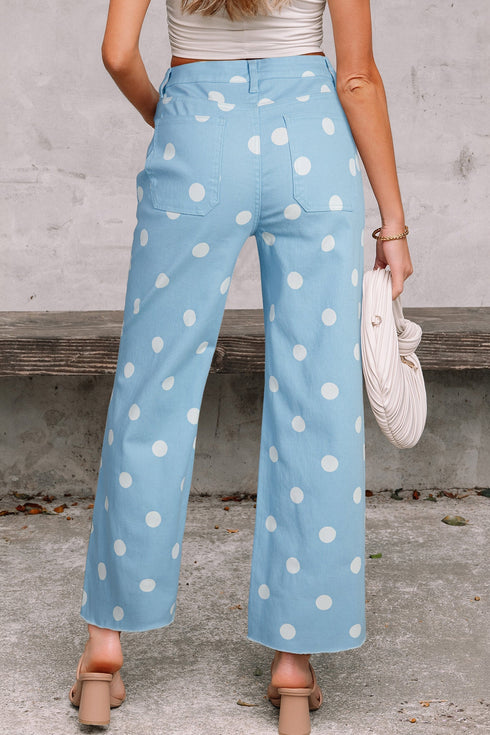 Modern Polka Dot Print Raw Hem Denim Jeans