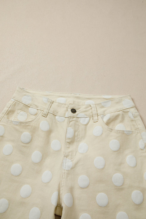 Modern Polka Dot Print Raw Hem Denim Jeans