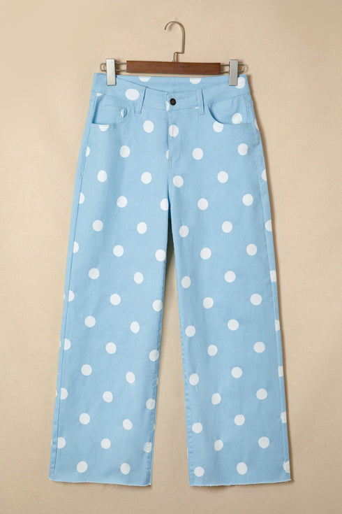 Modern Polka Dot Print Raw Hem Denim Jeans