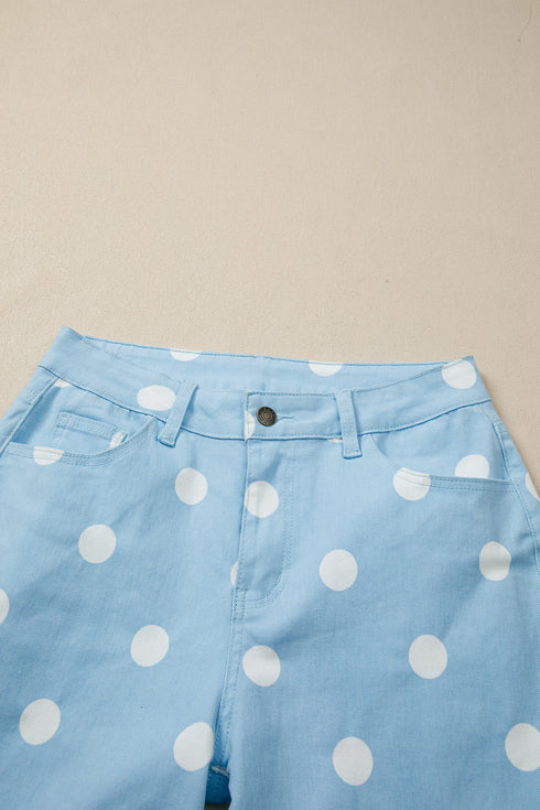 Modern Polka Dot Print Raw Hem Denim Jeans