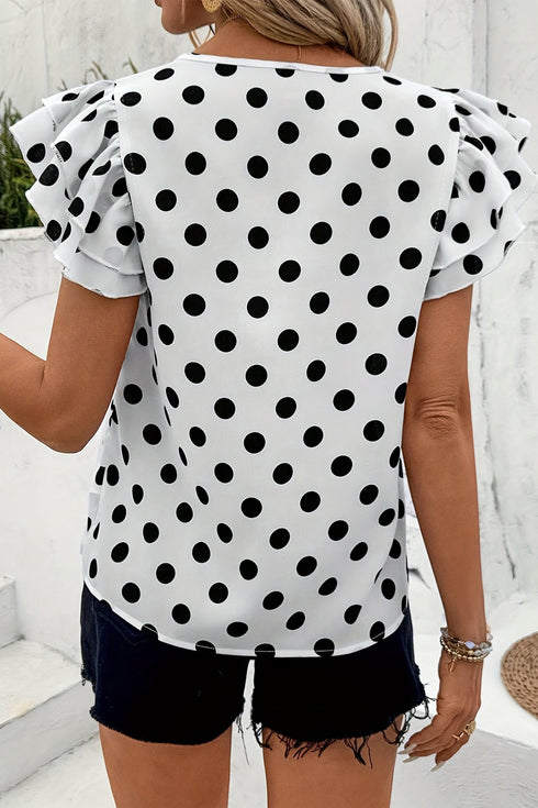 Modern Polka Dot Print Ruffled Short Sleeve Blouse