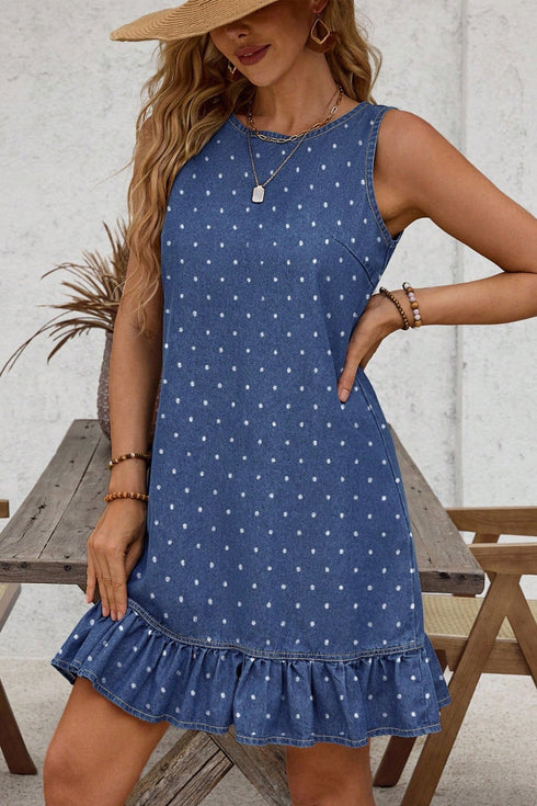 Modern Polka Dot Ruffle Hem Sleeveless Denim Mini Dress