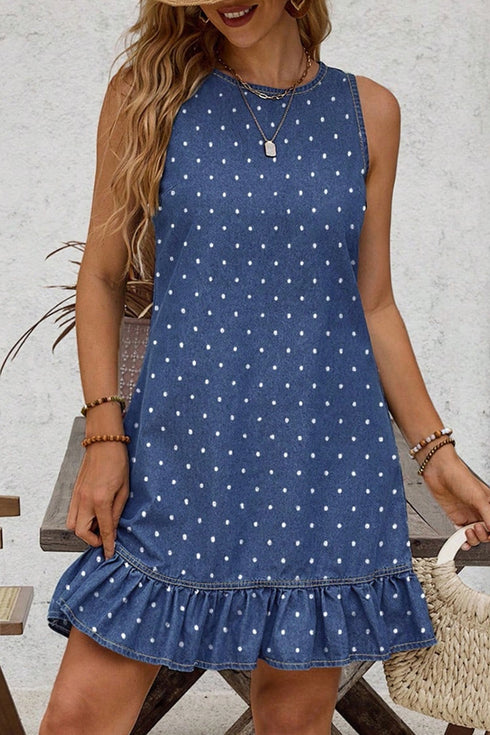 Modern Polka Dot Ruffle Hem Sleeveless Denim Mini Dress