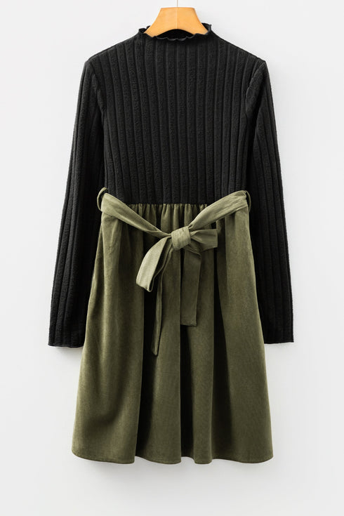 Modern Ribbed Knit Belted Patchwork Flared Mini Dress