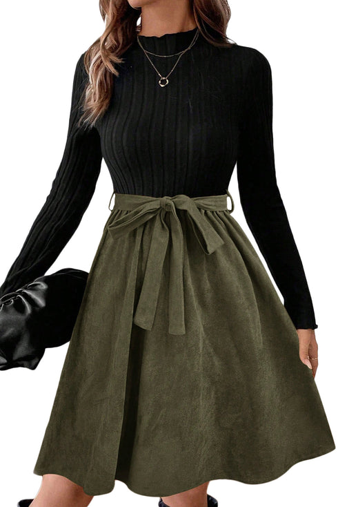 Modern Ribbed Knit Belted Patchwork Flared Mini Dress
