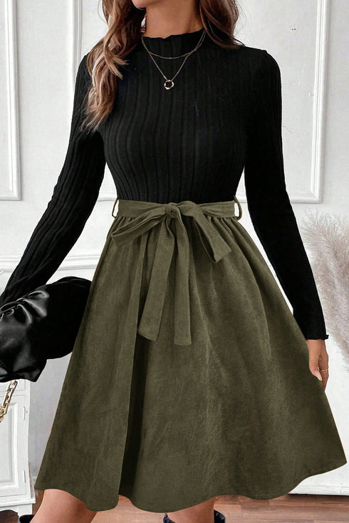Modern Ribbed Knit Belted Patchwork Flared Mini Dress