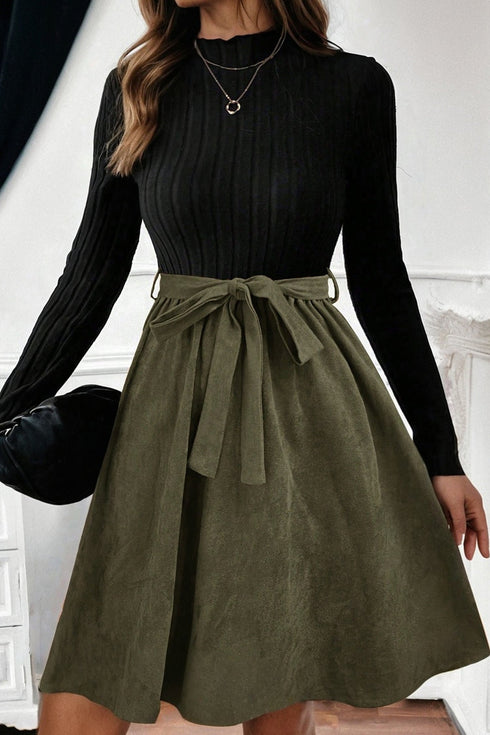 Modern Ribbed Knit Belted Patchwork Flared Mini Dress
