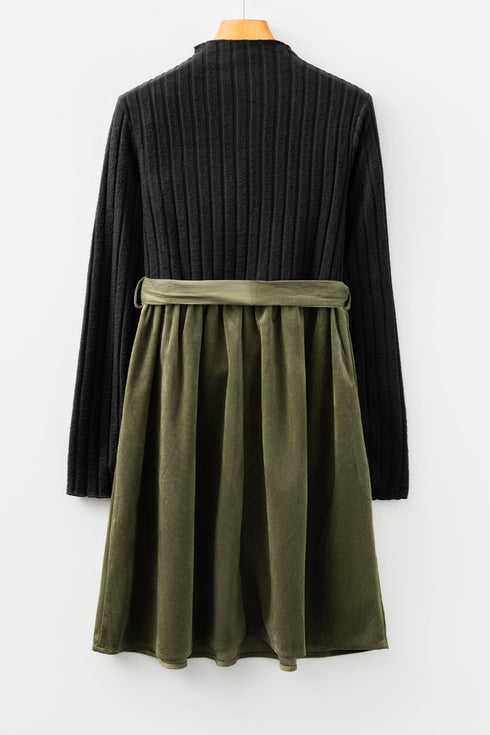 Modern Ribbed Knit Belted Patchwork Flared Mini Dress