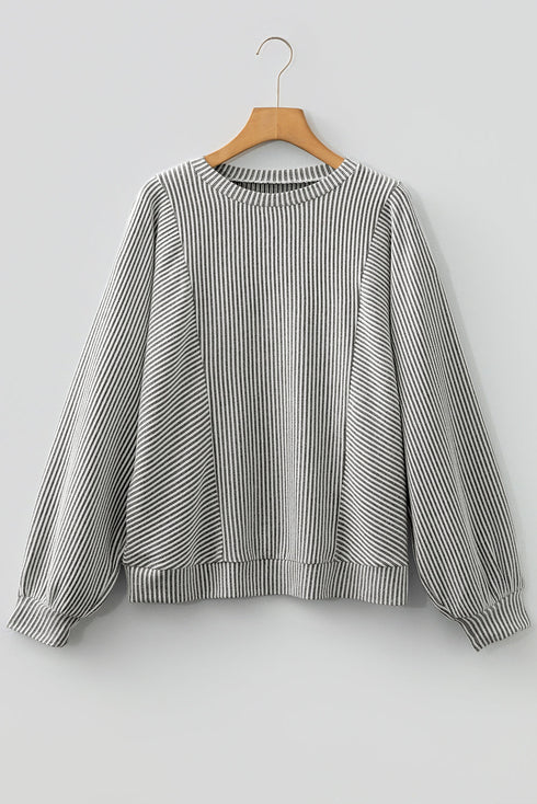 Modern Ribbed Knit Lantern Sleeve Round Neck Top