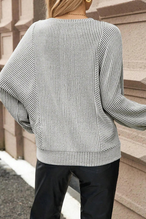 Modern Ribbed Knit Lantern Sleeve Round Neck Top
