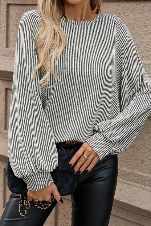 Modern Ribbed Knit Lantern Sleeve Round Neck Top
