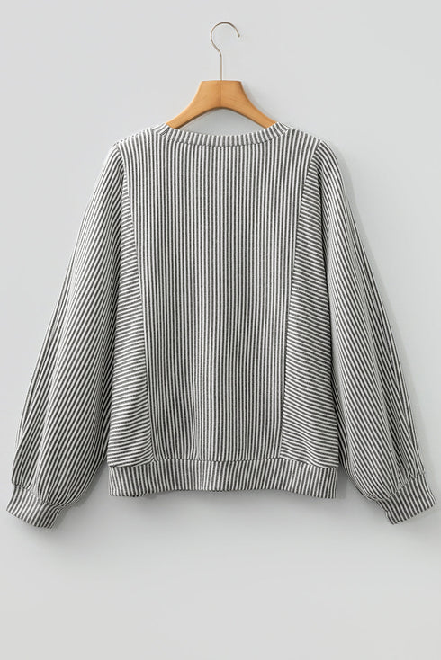 Modern Ribbed Knit Lantern Sleeve Round Neck Top