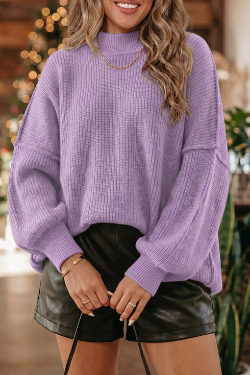 Modern Ribbed Knit Stand Neck Long Sleeve Sweater