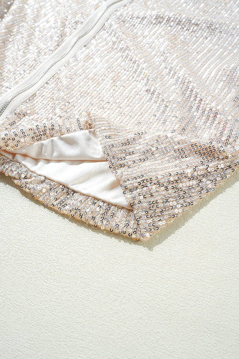 Modern Sequin Long Sleeve Zip Up Round Neck Jacket