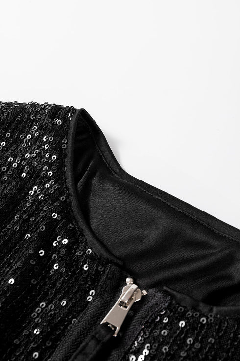 Modern Sequin Long Sleeve Zip Up Round Neck Jacket
