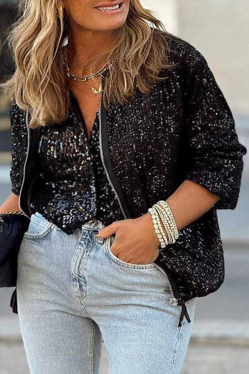 Modern Sequin Long Sleeve Zip Up Round Neck Jacket