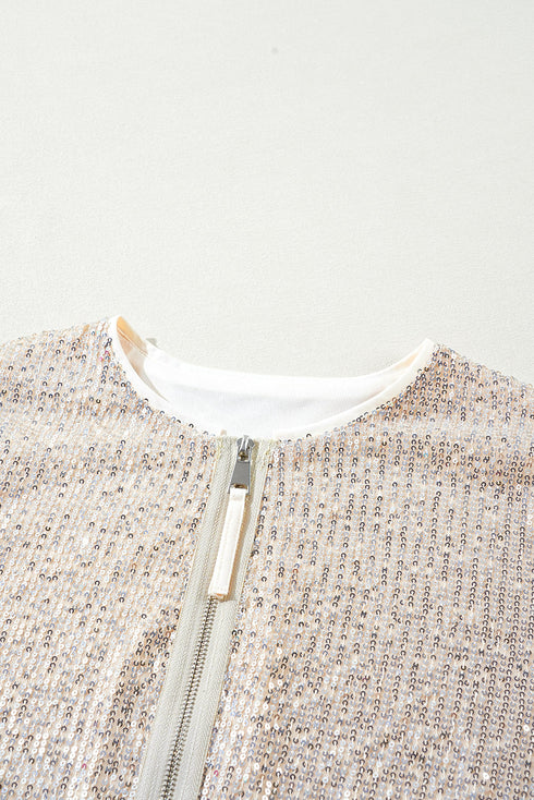 Modern Sequin Long Sleeve Zip Up Round Neck Jacket