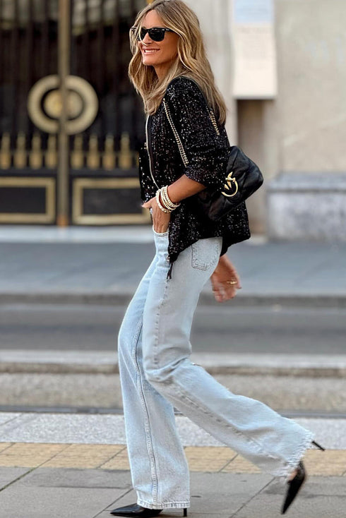 Modern Sequin Long Sleeve Zip Up Round Neck Jacket