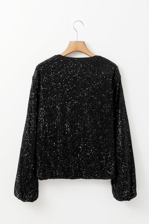 Modern Sequin Long Sleeve Zip Up Round Neck Jacket