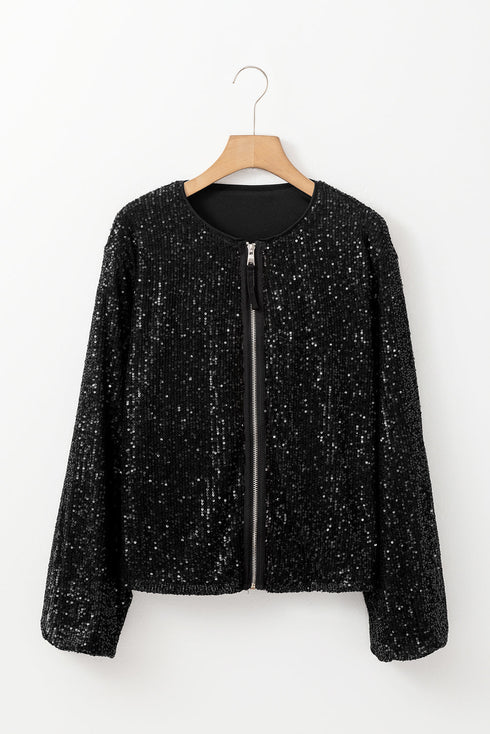 Modern Sequin Long Sleeve Zip Up Round Neck Jacket