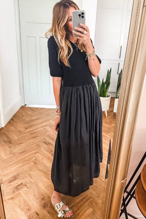 Modern Short Sleeve Knit Patchwork Pleated Maxi Dress