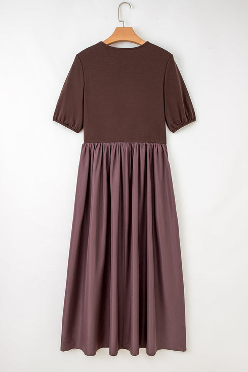 Modern Short Sleeve Knit Patchwork Pleated Maxi Dress