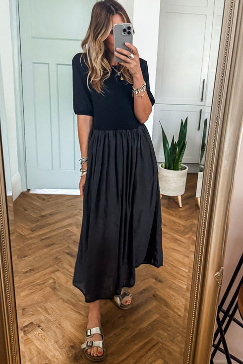 Modern Short Sleeve Knit Patchwork Pleated Maxi Dress