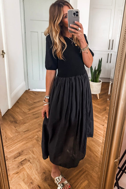 Modern Short Sleeve Knit Patchwork Pleated Maxi Dress