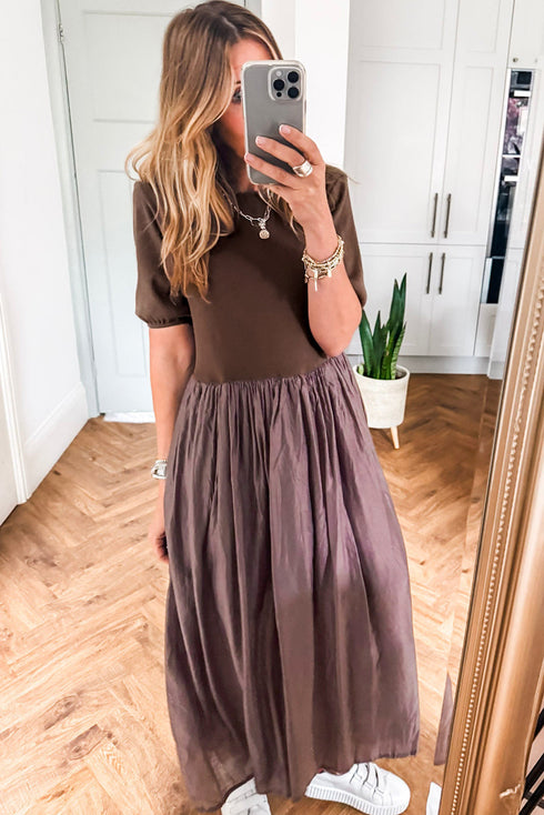 Modern Short Sleeve Knit Patchwork Pleated Maxi Dress