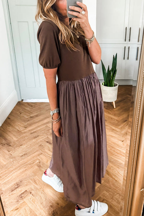 Modern Short Sleeve Knit Patchwork Pleated Maxi Dress