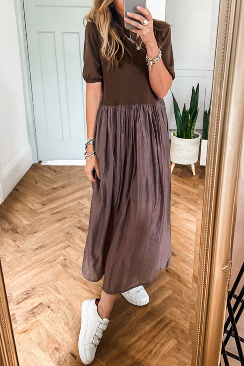 Modern Short Sleeve Knit Patchwork Pleated Maxi Dress