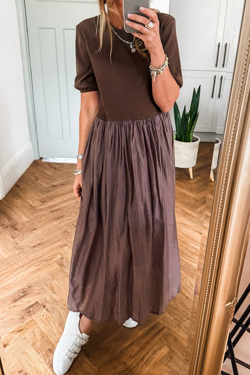 Modern Short Sleeve Knit Patchwork Pleated Maxi Dress