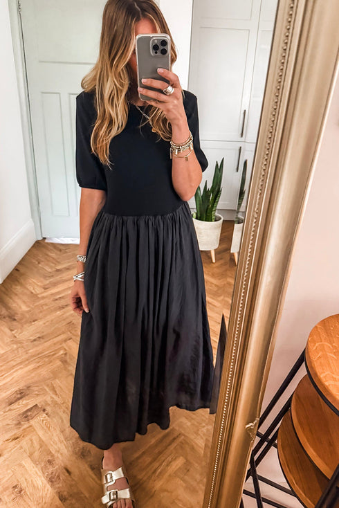 Modern Short Sleeve Knit Patchwork Pleated Maxi Dress