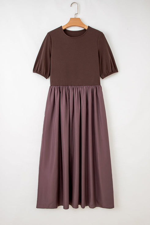 Modern Short Sleeve Knit Patchwork Pleated Maxi Dress