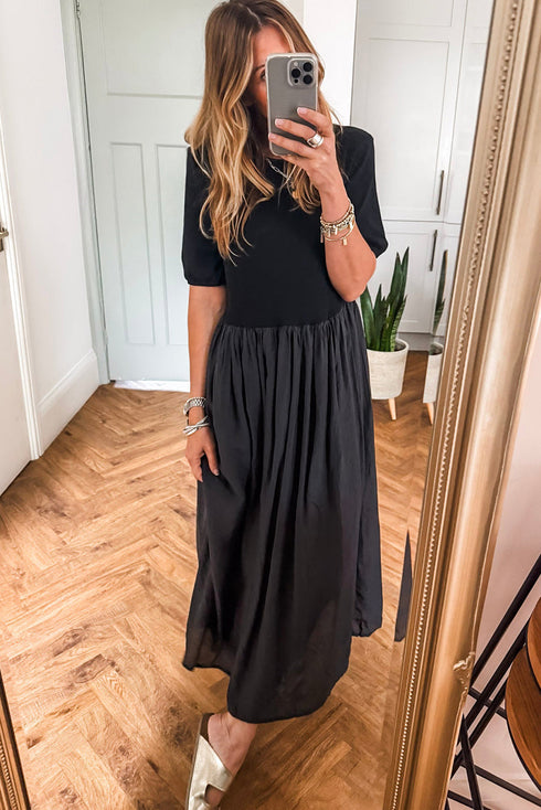 Modern Short Sleeve Knit Patchwork Pleated Maxi Dress