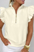 Modern Solid Collared Zip Front Ruffle Sleeve Blouse